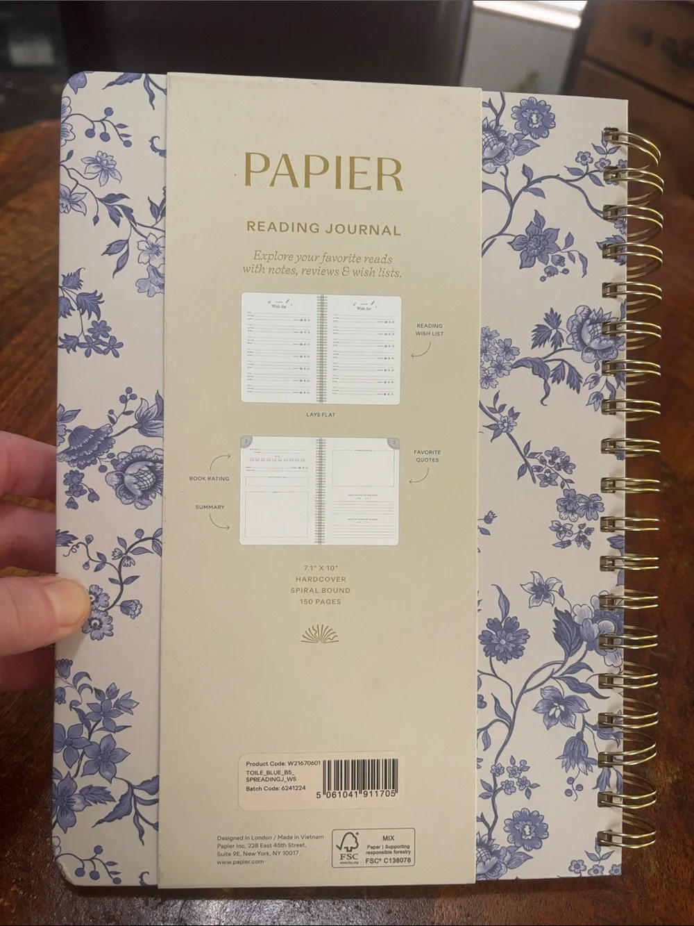 NWT Papier Spiral Bound Blue Floral Reading Journal